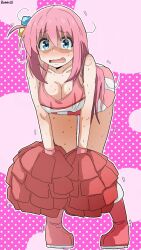1girl ahoge bambi2000line bare_shoulders blue_eyes blush bocchi_the_rock! boots breasts cheerleader covered_erect_nipples crying cube_hair_ornament exhausted gotoh_hitori hair_ornament hand_on_own_knee highres large_breasts leaning_forward long_hair looking_at_viewer multicolored_tank_top open_mouth pink_background pink_boots pink_skirt pink_tank_top skirt solo sweat tank_top thighs tongue two-tone_background two-tone_skirt wavy_mouth white_skirt white_tank_top