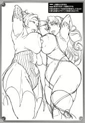 2girls absurdres arms_up blush breast_press breasts character_request covered_erect_nipples curvy erect_sawaru fumika_reisenbach gloves highleg highleg_leotard highres huge_breasts large_areolae large_breasts leotard licking_lips long_hair looking_at_viewer magical_girl moaning monochrome multiple_girls nipples open_mouth pandra plump sketch smile tongue tongue_out translation_request twintails