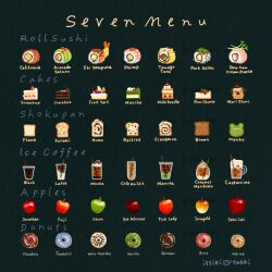 apple artist_name cake cake_slice cherry coffee commentary_request cookie cup donut drink drinking_glass drinking_straw english_text food food_art food_focus fruit ice_cream ice_cream_float issiki_toaki juice kiwi_(fruit) menu no_humans orange_(fruit) orange_slice original pastry pudding sandwich shrimp simple_background strawberry strawberry_shortcake sushi swiss_roll