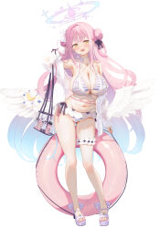 1girl absurdres angel_wings bag bikini blue_archive blue_hair blue_halo blush breasts bun_with_braided_base cellphone cleavage commentary_request earrings feathered_wings feet frilled_bikini frilled_thigh_strap frills full_body gluteal_fold gradient_hair gradient_halo hair_bun halo highleg highleg_bikini highres huge_breasts innertube jewelry large_breasts layered_bikini long_hair long_sleeves looking_at_viewer low_wings mika_(blue_archive) multicolored_hair multicolored_halo nail_polish navel off_shoulder open_clothes open_mouth open_shirt phone pink_hair pink_halo pink_nails platform_sandals plump saki_(saki_paint) sandals shirt shoulder_bag side-tie_bikini_bottom simple_background single_side_bun skindentation smartphone smile solo standing striped_bikini striped_clothes swim_ring swimsuit thigh_strap toenail_polish toenails toes transparent_bag very_long_hair white_background white_shirt white_wings wing_ornament wings yellow_eyes