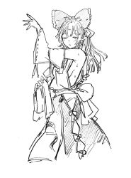 1girl blush bow breasts commentary_request detached_sleeves frilled_bow frills greyscale hair_bow hakurei_reimu highres holding hot long_hair mesuosushi monochrome one_eye_closed ribbon-trimmed_sleeves ribbon_trim sideboob solo sweat touhou