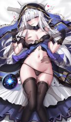 1girl absurdres adina_savic bare_shoulders black_gloves black_panties black_survival black_thighhighs black_veil blue_dress blue_eyes blue_veil blush breasts cleavage clenched_teeth commission disembodied_hand dress eternal_return:_black_survival fingering fingering_through_clothes gloves groping hand_on_another&#039;s_stomach hand_on_another&#039;s_thigh hands_up heart highres lilac_(k32420276) long_hair looking_at_viewer lying medium_breasts navel no_bra nose_blush on_back orb panties panty_pull pixiv_commission pussy_juice skindentation solo spaghetti_strap stomach string_panties teeth thighhighs thighs through_clothes underwear veil very_long_hair white_hair