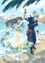 1boy 1girl aerith_gainsborough aerith_gainsborough_(citric_dress) arm_up armpits barefoot beach belt black_jumpsuit black_pants black_sailor_collar black_shirt blonde_hair blue_eyes brown_gloves brown_hair choker cloud_strife cloud_strife_(maritime_sailor) couple curtained_hair diana_mercolini dress earrings elbow_pads final_fantasy final_fantasy_vii final_fantasy_vii_ever_crisis fingerless_gloves food-themed_earrings food_print food_themed_earrings fruit_print gloves green_choker green_ribbon highres holding_hands jewelry jumpsuit long_hair official_alternate_costume one_eye_closed open_mouth orange-shaped_earrings orange-shaped_ornament orange_print palm_tree pants parted_bangs print_dress ribbon sailor_collar sand see-through_clothes see-through_skirt shirt short_sleeves single_elbow_pad single_glove skirt smile spiked_hair splashing strapless strapless_dress toeless_footwear tree unworn_footwear water white_dress