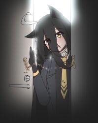 1girl ahoge animal_ears black_choker black_coat black_gloves black_hair black_shirt breaking choker closed_mouth coat collared_shirt commentary_request door_chain doorway gloves hair_between_eyes hands_up head_tilt horse_ears horse_girl huru2 long_bangs long_hair_between_eyes long_sleeves looking_at_viewer manhattan_cafe_(umamusume) multicolored_hair necktie open_clothes open_coat shirt single_ear_down smile solo umamusume white_hair yellow_eyes yellow_necktie