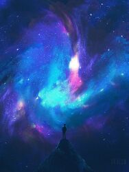 Rule 34 | 1other, dkaism, from behind, full body, glowing, james webb space telescope, mountaintop, night, night sky, original, painterly, scenery, silhouette, sky, solo, space, standing, star (sky), starry sky