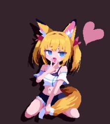 Rule 34 | 1girl, animal ear fluff, animal ears, birdman46049238, blue eyes, fang, fox ears, fox girl, fox tail, heart, holding own tail, orange hair, original, pixel art, shorts, simple background, solo, tail, twintails, v