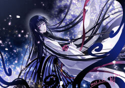 Rule 34 | 1girl, 2025, absurdly long hair, absurdres, black hair, blunt bangs, cherry blossoms, closed mouth, dated, floating hair, head tilt, highres, ichihara yuuko, japanese clothes, kimono, long hair, long sleeves, looking at viewer, looking to the side, petals, red eyes, signature, solo, very long hair, white kimono, xxxholic, yukmomo