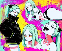 1girl :t artificial_eye ass black_bra black_jacket black_panties bra breasts closed_eyes closed_mouth colored_sclera colored_skin colorful_background commentary cowboy_shot cropped_torso cyberpunk_(series) cyberpunk_edgerunners elbow_rest english_commentary from_side green_hair hair_down hand_in_pocket hand_on_own_cheek hand_on_own_face head_rest highres huge_ass jacket laughing leg_tattoo lipstick long_hair looking_at_viewer lughost lying makeup multiple_views neck_tattoo on_stomach open_mouth panties parted_hair pink_tattoo pout purple_lips raised_eyebrow rebecca_(cyberpunk) red_pupils red_sclera samurai_jacket_(cyberpunk) short_eyebrows small_breasts smile standing stomach_tattoo tattoo thick_thighs thighs tongue tongue_out twintails underwear underwear_only uneven_eyes white_skin