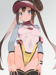 1girl 3: adapted_costume black_thighhighs blush breasts bright_pupils closed_mouth commentary_request covered_erect_nipples covered_navel double_bun from_below frown grey_background hair_bun highleg highleg_leotard impossible_clothes leotard long_hair looking_at_viewer medium_breasts multicolored_leotard nintendo poke_ball poke_ball_(basic) pokemon pokemon_bw2 rosa_(pokemon) sidelocks solo spread_fingers spring2013 standing sweat thighhighs thong_leotard turtleneck twintails very_long_hair visor_cap white_pupils