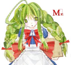 Rule 34 | 1girl, apron, blush, bow, braid, dress, folder, green eyes, green hair, highres, long hair, me-tan, microsoft windows, open mouth, os-tan, sign, solo, troubled windows, twin braids, warning sign, windows classic, windows me, yukaaine
