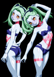 1girl arm_up ass bikini black_background black_hairband body_markings breasts carinae closed_mouth colored_sclera colored_skin commentary_request covered_erect_nipples cyberpunk_(series) cyberpunk_edgerunners green_eyes green_hair grey_skin hairband head_tilt highres long_hair looking_at_viewer looking_back multiple_views navel petite rebecca_(cyberpunk) red_pupils red_sclera simple_background small_breasts smile swimsuit twintails