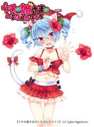 Rule 34 | 1girl, ahoge, animal ears, antlers, bikini, blue hair, blush, cat ears, cat tail, choker, drill hair, fake animal ears, fake tail, flower, frilled bikini, frills, hair between eyes, hair flower, hair ornament, hat, horns, moriyama shijimi, narumi (uchihime), navel, open mouth, pink eyes, red choker, reindeer antlers, santa bikini, santa costume, santa hat, short hair, swimsuit, tail, twin drills, uchi no hime-sama ga ichiban kawaii