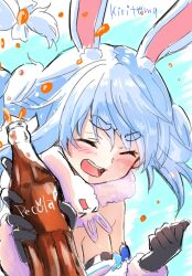 Rule 34 | &gt; &lt;, 1girl, ^ ^, animal ear fluff, animal ears, black gloves, black leotard, blue hair, blush, bottle, bow, braid, brand name imitation, breasts, cleavage, closed eyes, coca-cola, cola, commentary request, don-chan (usada pekora), dress, facing viewer, fur-trimmed gloves, fur trim, glass bottle, gloves, hair bow, highres, holding, holding bottle, hololive, kiritoma, leotard, long hair, open mouth, rabbit ears, short eyebrows, signature, small breasts, solo, strapless, strapless dress, strapless leotard, teeth, thick eyebrows, twin braids, twintails, upper body, upper teeth only, usada pekora, usada pekora (1st costume), very long hair, virtual youtuber, white bow, white dress