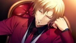 Rule 34 | 1boy, antique phone, beard, black shirt, blonde hair, chair, closed mouth, collared shirt, corded phone, facial hair, fumio (ura fmo), game cg, grisaia (series), grisaia no rakuen, half-closed eyes, heath oslo, holding, holding phone, jacket, long sleeves, male focus, necktie, non-web source, official art, phone, red eyes, red jacket, red necktie, shirt, short hair, smile, solo, suit jacket, talking on phone, upper body