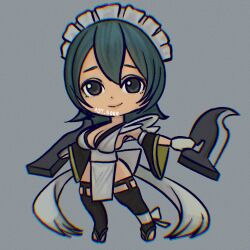 1girl aot_4000 apron bandages_over_clothes black_hair black_thighhighs blue_eyes blush breasts butterfly_swords chibi choker cleavage curvy flipped_hair frilled_leotard frills hair_ornament highres iroha_(samurai_spirits) japanese_clothes lace-trimmed_apron lace_trim large_breasts leotard looking_at_viewer maid maid_headdress maid_leotard multiple_swords revealing_clothes samurai_spirits short_hair sideboob smile snk solo standing thighhighs thighs toeless_legwear unconventional_maid weapon wide_hips