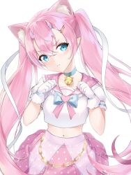 1girl animal_ears bad_tag bell blue_bow blue_choker blue_eyes bow cat_ears chain chibidoki_(vtuber) child choker closed_mouth demon_horns extra_ears gloves highres horns indie_virtual_youtuber long_hair looking_at_viewer navel neck_bell pink_horns pink_sailor_collar pink_skirt pointy_ears sailor_collar simple_background skirt solo twintails virtual_youtuber white_background white_gloves yaomeii