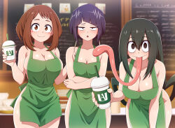 3girls apron asui_tsuyu black_eyes black_hair blue-senpai blurry blurry_background blush blush_stickers boku_no_hero_academia breasts brown_hair cleavage commentary cup hair_rings iced_latte_with_breast_milk_(meme) jiro_kyoka large_breasts leaning_forward long_hair long_tongue looking_at_viewer meme multiple_girls naked_apron sidelocks standing starbucks textless_version tongue tongue_out uraraka_ochako wide_hips