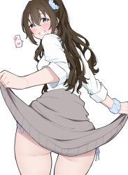1girl ass blue_eyes blush breasts brown_hair clothes_around_waist hair_between_eyes hair_ornament hair_scrunchie half_updo heart highres lifting_own_clothes liz_(piyoko_piyop) long_hair looking_at_viewer love_live! love_live!_nijigasaki_high_school_idol_club medium_breasts osaka_shizuku ponytail school_uniform scrunchie shirt sideboob sidelocks smile solo white_background wrist_scrunchie