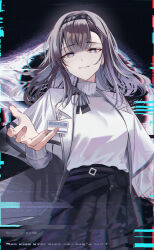 1girl absurdres arknights black_hair black_hairband black_skirt closed_mouth coat commentary_request diamond-shaped_pupils diamond_(shape) fingernails glitch grey_eyes hairband hand_up highres long_hair looking_at_viewer offering_hand open_hand priestess_(arknights) skirt smile solo sweater sweater_tucked_in symbol-shaped_pupils turtleneck turtleneck_sweater white_coat white_sweater zakimpo