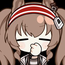 1girl angelina_(arknights) animal_ears animated animated_gif arknights black_choker brown_hair chinese_commentary choker closed_eyes coat commentary_request earpiece facing_viewer fox_ears hair_between_eyes hairband holding_nose infection_monitor_(arknights) jacket long_hair lowres material_growth open_clothes open_coat open_jacket oripathy_lesion_(arknights) partially_shaded_face red_hairband red_jacket skland_1530589596514 solo striped_clothes striped_hairband transparent_background twintails two-tone_hairband upper_body white_coat