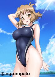 1girl absurdres blonde_hair blue_one-piece_swimsuit blush breasts cameltoe highres kyomeihibiki large_breasts looking_at_viewer ocean one-piece_swimsuit open_mouth senki_zesshou_symphogear short_hair sky smile solo swimsuit tachibana_hibiki_(symphogear) yellow_eyes