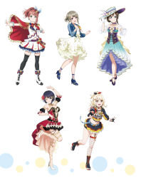 Rule 34 | 5girls, artbook, asaka karin, blonde hair, blue eyes, bow, brown hair, cape, dress, flower, gloves, grey hair, hair ornament, hat, highres, long hair, love live!, love live! nijigasaki high school idol club, midriff, miyashita ai, multiple girls, multiple moles, nakasu kasumi, navel, non-web source, official art, one eye closed, orange eyes, osaka shizuku, pink eyes, pink hair, ponytail, purple hair, short hair, skirt, smile, thighhighs, uehara ayumu, yellow eyes