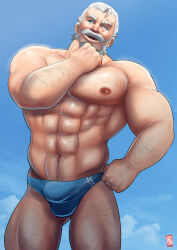 1boy 2017 arm_hair bara beard blue_eyes blue_male_swimwear body_hair broad_shoulders chest_hair connected_beard day doctor_anfelo facial_hair hand_on_own_chin highres leg_hair male_focus male_swimwear muscular muscular_arms muscular_legs muscular_male mustache nipples old old_man open_mouth overwatch pectorals pulling_own_clothes reinhardt_(overwatch) scar scar_across_eye scar_on_face smile thighs white_hair