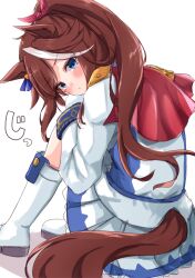 1girl absurdres animal_ears ayachanman blue_eyes blush bow hair_bow highres horse_girl long_hair looking_at_viewer simple_background skirt tail tokai_teio_(umamusume) umamusume white_background