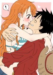 1boy 1girl absurdres bikini bikini_top_only black_hair blush border brown_eyes closed_eyes commentary_request couple denim facial_scar green_bikini happy hat heart hetero highres hug jeans kiss long_hair monkey_d._luffy nami_(one_piece) nami_(one_piece)_(return_to_sabaody) one_piece orange_hair oshicpume outside_border pants pink_background red_shirt scar scar_on_cheek scar_on_face shirt short_hair shoulder_tattoo simple_background smile straw_hat striped_bikini striped_clothes swimsuit tattoo white_border