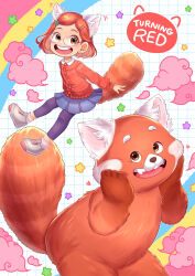 1girl absurdres animification braces brown_eyes dual_persona earrings glasses highres jewelry looking_at_viewer meilin_lee open_mouth panda_tail rainbow red_hair red_panda shirt smile solo turning_red user_kenc3232