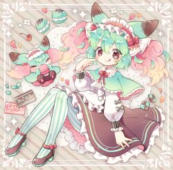 1girl :q animal_ears black_shoes blonde_hair blush brown_skirt capelet closed_mouth collared_shirt commentary_request food fox_ears frilled_capelet frilled_hairband frilled_shirt_collar frilled_skirt frilled_sleeves frills full_body gradient_hair green_capelet green_hair green_pantyhose grey_background hairband hand_up index_finger_raised long_hair long_sleeves macaron mint_chocolate multicolored_hair okamori_kuo original pantyhose pink_hair red_eyes red_hairband shirt shoes skirt smile striped_background striped_clothes striped_pantyhose tongue tongue_out twintails two-tone_pantyhose white_pantyhose white_shirt