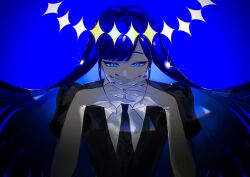 Rule 34 | 1other, absurdres, blue background, blue eyes, blue hair, blue nails, collared shirt, covered mouth, floating hair, formal clothes, gem uniform (houseki no kuni), halo, highres, houseki no kuni, interlocked fingers, kashiba (iiiiii kasba), lapis lazuli (houseki no kuni), long hair, looking at viewer, necktie, other focus, parted bangs, puffy short sleeves, puffy sleeves, shirt, short sleeves, simple background, solo, suit, upper body, very long hair