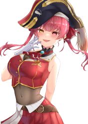 1girl absurdres ascot black_choker black_hat blush breasts choker cleavage cropped_jacket frilled_choker frills gloves hair_ribbon hat heterochromia highres hololive houshou_marine houshou_marine_(1st_costume) jacket large_breasts leotard leotard_under_clothes long_hair looking_at_viewer pirate_hat red_ascot red_eyes red_jacket red_ribbon red_skirt ribbon scarf_(50464982) skirt sleeveless sleeveless_jacket smile solo twintails virtual_youtuber white_gloves yellow_eyes