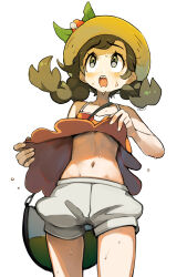 1girl bag blush braid brown_hair clothes_lift commentary_request eudetenis eyelashes flower grey_eyes hat hat_flower highres lifting_own_clothes looking_up navel nintendo open_mouth orange_shirt pokemon pokemon_usum selene_(pokemon) shirt shirt_lift shorts shoulder_bag simple_background sleeveless sleeveless_shirt solo stomach sweat teeth twin_braids upper_teeth_only white_background