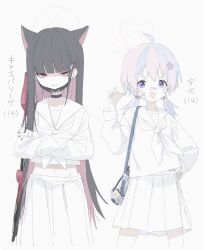 Rule 34 | + +, 2girls, :d, absurdres, aged down, ahoge, alternate costume, alternate hair length, alternate hairstyle, animal ears, bandaid, bandaid on face, bandaid on nose, black choker, black hair, black nails, blue archive, blue hair, blunt bangs, cat ears, cat girl, choker, colored inner hair, commentary request, cowboy shot, crossed arms, delinquent, earrings, extra ears, eyebrows hidden by hair, hair behind ear, hair ornament, halo, hand on own hip, highres, jewelry, kazusa (blue archive), long hair, long sleeves, looking at viewer, low twintails, mask, mask pull, medium hair, midriff, mouth mask, multicolored hair, multiple girls, nail polish, neckerchief, open mouth, pink hair, pink halo, pleated skirt, pointing, pointing at self, purple eyes, red eyes, reisa (blue archive), ring, shaded face, shirt, side-by-side, simple background, sketch, skirt, slit pupils, smile, star (symbol), star hair ornament, star halo, straight hair, streaked hair, stud earrings, sztxra, tareme, thumbs up, translated, tsurime, twintails, v-shaped eyebrows, very long hair, white background, white neckerchief, white shirt