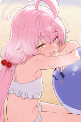 1girl absurdres ahoge bikini blue_archive blue_eyes breasts commentary_request fang hair_bobbles hair_ornament halo heterochromia highres hoshino_(blue_archive) hoshino_(swimsuit)_(blue_archive) long_hair low_twintails official_alternate_costume open_mouth pink_hair saho_4545 skin_fang small_breasts solo sweat swimsuit twintails white_bikini white_halo yellow_eyes
