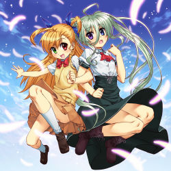 2girls :d :o ahoge blue_eyes blue_sky blush boots bow brown_skirt chyko clenched_hand clothes_lift commentary_request day einhard_stratos feathers glowing_feather green_eyes hair_between_eyes hair_bow heterochromia highres huge_ahoge jumping locked_arms long_hair long_skirt looking_at_viewer lyrical_nanoha mahou_shoujo_lyrical_nanoha_vivid multiple_girls open_mouth panties pantyshot purple_eyes red_eyes red_ribbon ribbon school_uniform shirt shoes short_sleeves skirt skirt_lift sky smile socks underwear very_long_hair vivio white_legwear white_shirt