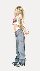 1girl artist_request black_hair blonde_hair chain midriff navel shoes tagme