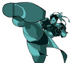 1girl ass boots bracelet breasts bun_cover capcom china_dress chinese_clothes chun-li double_bun dress earrings hair_bun harumaru jewelry kicking large_breasts leg_up official_art pantyhose pelvic_curtain sash short_hair solo spiked_bracelet spikes standing standing_on_one_leg street_fighter street_fighter_iii_(series) thick_thighs thighs