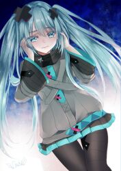 1girl aqua_eyes aqua_hair aqua_nails bandaid bandaid_on_leg batsu_miku black_pantyhose black_skirt blush chiutake_mina closed_mouth crying crying_with_eyes_open grey_jacket hair_ornament hatsune_miku highres jacket kowareta_sekai_to_utaenai_miku long_hair long_sleeves miniskirt pantyhose pleated_skirt project_sekai skirt solo tears turtleneck turtleneck_jacket twintails very_long_hair vocaloid wide_sleeves x_hair_ornament
