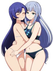2girls absurdres arm_around_waist bikini blue_bikini blue_eyes blue_hair blush breast_press breasts cleavage closed_eyes closed_mouth commission cowboy_shot expressionless fingernails highres hug idolmaster idolmaster_million_live! idolmaster_million_live!_theater_days kisaragi_chihaya long_hair low-tied_long_hair medium_breasts milliani multiple_girls navel pixiv_commission shiraishi_tsumugi simple_background small_breasts smile standing swimsuit white_background white_bikini yuri