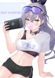 1girl black_ribbon black_shorts black_sports_bra blowing_bubbles blush choker commentary crop_top eyewear_on_head grey_eyes grey_hair hair_ornament hair_ribbon hairclip holding honkai:_star_rail honkai_(series) long_hair looking_at_viewer midriff navel ribbon shirt short_shorts shorts silver_wolf_(honkai:_star_rail) single-shoulder_shirt single_bare_shoulder single_sleeve solo sports_bra stack016 stomach sunglasses very_long_hair white_shirt