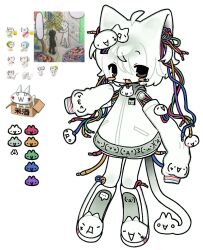 1girl 2000s_(style) 2channel ahoge animal_ears bomal1215 cable cable_hair cat_ears cat_girl cat_tail character_hair_ornament colored_skin commentary detached_sleeves dress emoticon english_commentary fang grey_eyes hair_ornament highres kaomoji looking_at_viewer mona_(2ch) open_mouth original personification short_hair simple_background smile solo tail white_background white_dress white_hair white_skin wire zipper_pull_tab