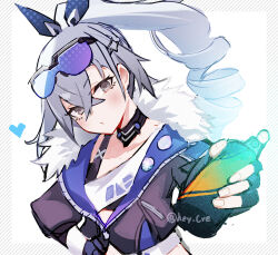 1girl black_gloves black_jacket closed_mouth collarbone commentary_request cropped_jacket diagonal_stripes fingerless_gloves gloves goggles goggles_on_head grey_eyes grey_hair hair_ornament hair_ribbon hairclip head_tilt heart hey_cre holding honkai:_star_rail honkai_(series) jacket long_hair long_sleeves looking_at_viewer ponytail ribbon ringlets silver_wolf_(honkai:_star_rail) solo spray_can striped_background twitter_username white_background