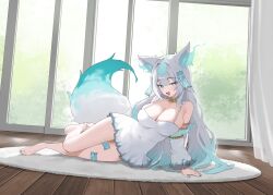 Rule 34 | 1girl, absurdres, animal ears, aqua hair, aqua tail, belt collar, blue eyes, blush, breasts, cleavage, collar, detached sleeves, dress, fox ears, fox girl, fox tail, full body, gradient hair, gradient tail, highres, indie virtual youtuber, indoors, kagemoe1003, large breasts, long hair, looking at viewer, lying, multicolored hair, ofuda, on side, second-party source, solo, tail, virtual youtuber, vixi (vtuber), white dress, white hair, white tail, yellow collar