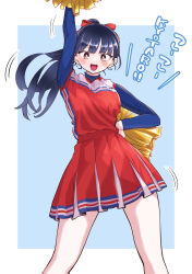 1girl alternate_costume arm_up blue_background blue_eyes blush boku_no_kokoro_no_yabai_yatsu border brown_eyes cheerleader commentary_request hair_ribbon hand_on_own_hip highres legs_apart long_hair long_sleeves looking_at_viewer m2bou open_mouth outside_border paid_reward_available pleated_skirt pom_pom_(cheerleading) ponytail red_ribbon red_skirt ribbon simple_background skirt solo standing white_border yamada_anna
