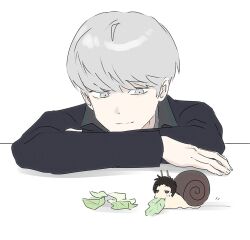 1boy adachi_tooru animal animalization black_jacket brown_hair closed_mouth commentary_request eating grey_eyes grey_hair highres hyvahyva_899 jacket korean_commentary leaf long_sleeves looking_at_animal looking_at_another male_focus narukami_yu persona persona_4 short_hair simple_background snail upper_body white_background