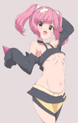1girl :d absurdres adapted_costume bandaid black_eyes black_shrug blush breasts coral_(pokemon) fang female_focus grey_background groin highres izuna_masaru long_sleeves looking_at_viewer medium_hair microskirt navel nintendo open_mouth petite pink_hair pokemon pokemon_(anime) pokemon_horizons shrug_(clothing) sidelocks simple_background skirt small_breasts smile solo twintails underboob