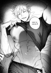 2boys abs absurdres clothes_lift commentary_request covered_erect_nipples english_text getou_suguru gojou_satoru greyscale highres jujutsu_kaisen large_pectorals lifting_own_clothes looking_at_viewer male_focus male_pubic_hair monochrome multiple_boys muscular muscular_male navel nipples out_of_frame pants pasinee1855 pectorals pubic_hair shirt_lift short_hair solo_focus speech_bubble teeth veins veiny_arms veiny_hands yaoi
