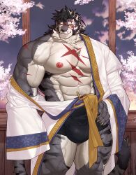 1boy abs absurdres animal_ears bara biceps black_fur black_hair black_male_underwear boxers bulge claws covered_testicles cross_scar erection erection_under_clothes furry furry_male grin hand_on_own_hip highres korean_commentary looking_at_viewer male_focus male_underwear multiple_scars muscular muscular_male nipples pectorals robe scar scar_across_eye scar_on_arm scar_on_chest scar_on_face scar_on_nose sdorica smile tail tiger_boy tiger_ears tiger_stripes tiger_tail ttn_(239_239) underwear veins veiny_arms white_robe yao_(sdorica)